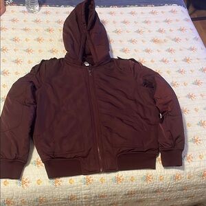 Burgundy Bomber Jacket with Detachable Hood and Ribbed Cuffs